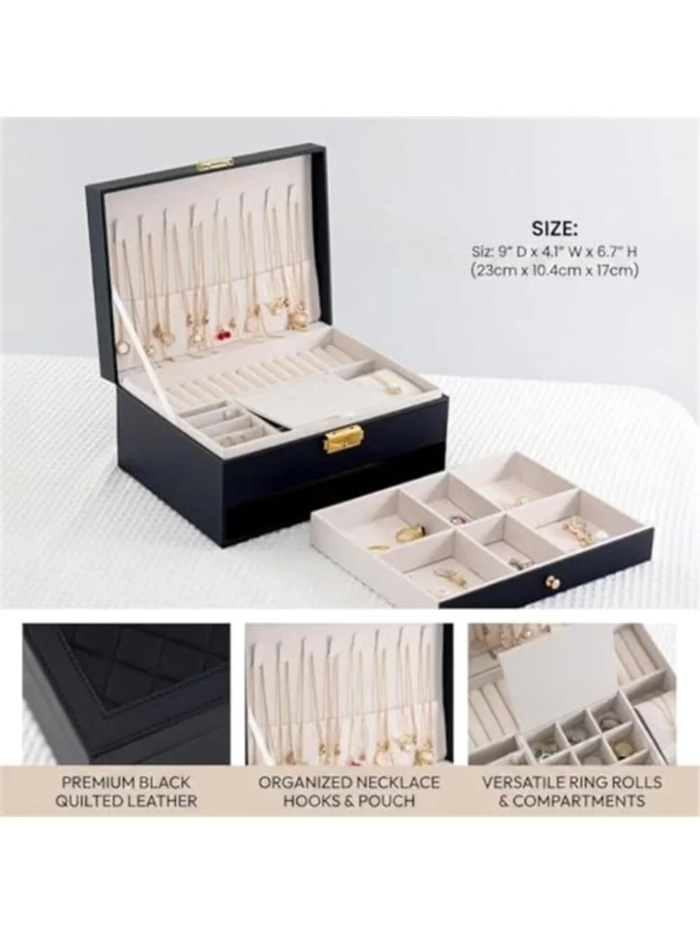 Large Black Jewelry Box Organizer Case Two Layer Storage Earrings Rings Necklace